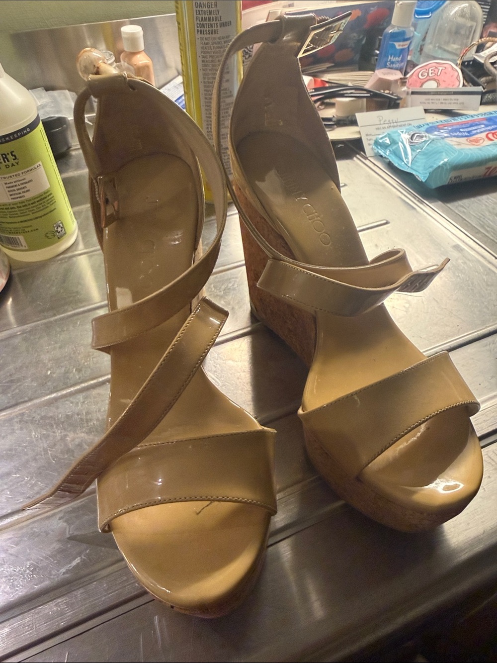 Jimmy Choo Beige Patent Leather Cork Wedge Sandals